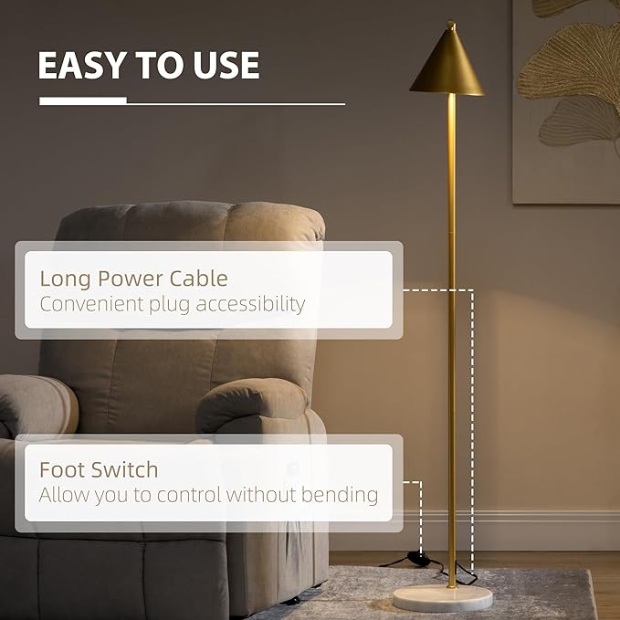 HOMCOM Modern Floor Lamps for Living Room Lighting, Adjustable Standing Lamp for Bedroom Lighting with Rotating Head, Bedside Lamp for Ambient Lighting, (Bulb not Included), Gold - LeafyLoom