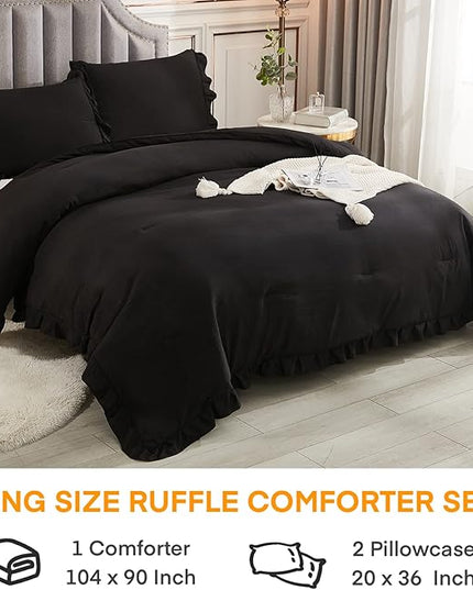 Andency Black King Size Comforter Set, 3 Pieces Farmhouse Shabby Chic Bedding Comforters & Sets, Soft Fluffy Lightweight All Season Down Alternative Bed Blanket Set - LeafyLoom