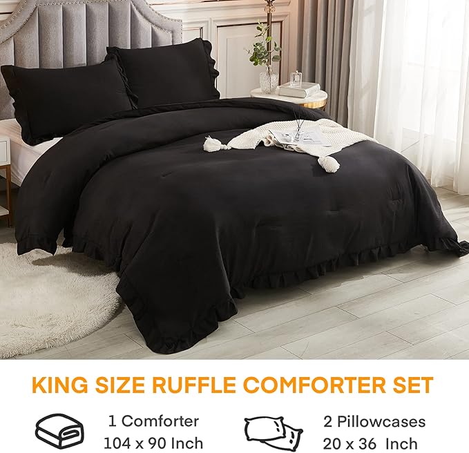 Andency Black King Size Comforter Set, 3 Pieces Farmhouse Shabby Chic Bedding Comforters & Sets, Soft Fluffy Lightweight All Season Down Alternative Bed Blanket Set - LeafyLoom
