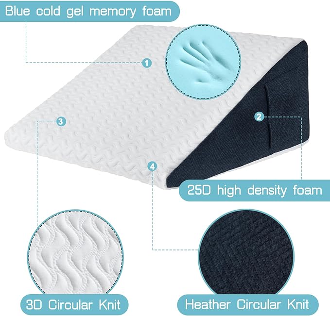 7.5" Bed Wedge Pillow with Cooling Memory Foam Top for Headboard, Triangle Pillow for Sleeping to Relieve Acid Reflux, Heartburn, Snoring and GERD, Reduce Neck and Back Pain - LeafyLoom
