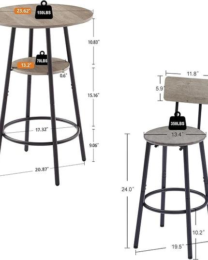 3 Pieces Bistro Table and Chairs Set, Industrial Counter Height Round Bar Table with Storage Shelf, 2 PU Upholstered Seat Stools with Backrest & Footrest, for Kitchen, Bar, Small Space, Grey - LeafyLoom