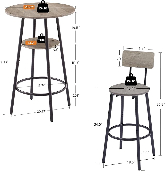 3 Pieces Bistro Table and Chairs Set, Industrial Counter Height Round Bar Table with Storage Shelf, 2 PU Upholstered Seat Stools with Backrest & Footrest, for Kitchen, Bar, Small Space, Grey - LeafyLoom
