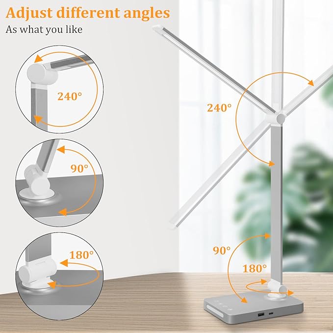 Dott Arts LED Desk Lamp with USB Ports,Touch Desk Lamps for Home Office with 5 Color Modes,3 Brightness Desk Light with Small Night Light,Reading Lamp Table LED Lamp for Bedroom Bedsid Study Sliver - LeafyLoom