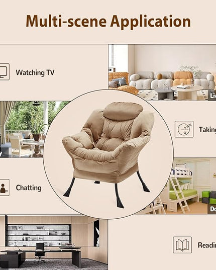 Lazy Chair Thick Padded, Accent Chair Velvet Upholstered with Wide Seat, Stable Metal Frame and Non-Slip Pad, Modern Sofa Armchair with Side Storage Bag for Dorm, Room, Office, Khaki - LeafyLoom
