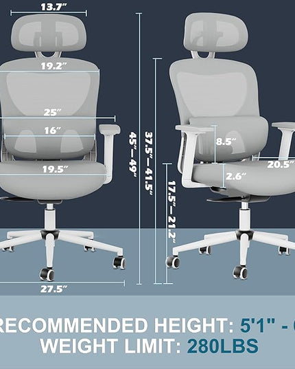GABRYLLY Office Chair, Ergonomic Desk Chair with Adjustable Lumbar Support, 3D Armrest, Headrest, 4-Level Tilt Back, Home Mesh Chair with Wide Cushion Seat & PU Wheels for Adult Student - LeafyLoom