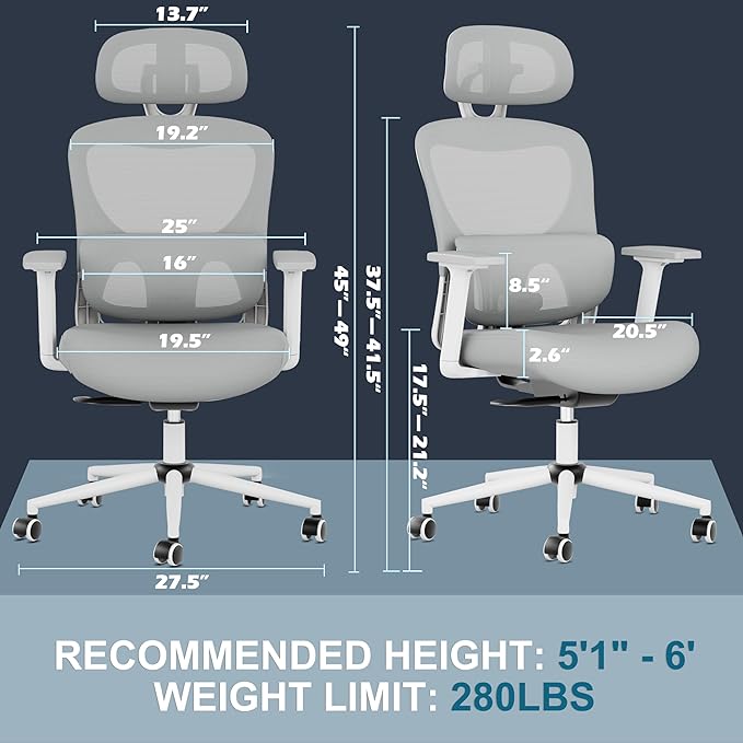 GABRYLLY Office Chair, Ergonomic Desk Chair with Adjustable Lumbar Support, 3D Armrest, Headrest, 4-Level Tilt Back, Home Mesh Chair with Wide Cushion Seat & PU Wheels for Adult Student - LeafyLoom