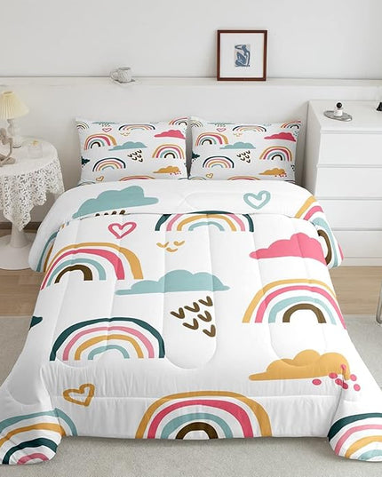 Girly Rainbow Comforter Set Queen Size,Hand Drawn Kawaii Rainbow Bedding Sets for Kids Children,Lovely Cartoon Style Clouds Love Heart Duvet Insert Abstract Artwork Down Comforter with 2 Pillow Shams - LeafyLoom