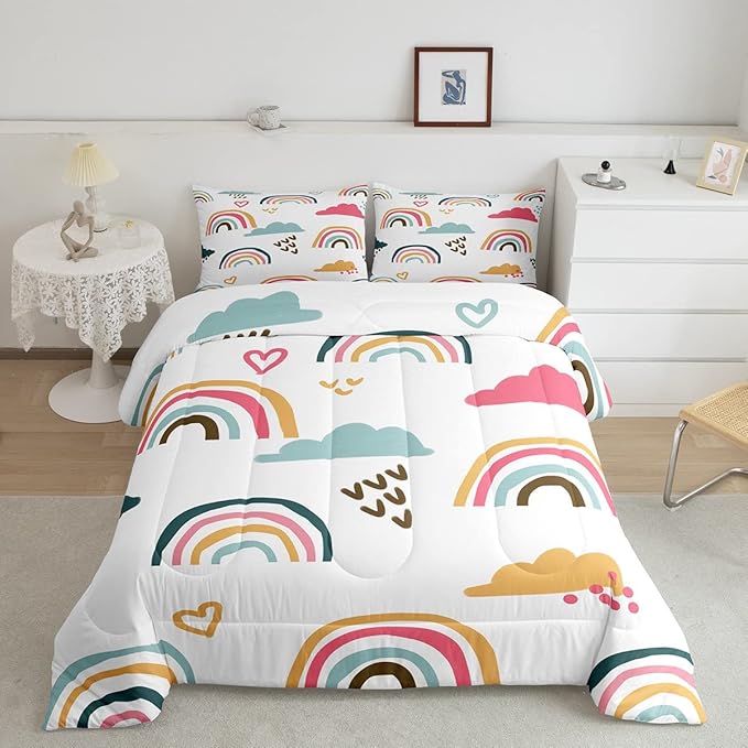 Girly Rainbow Comforter Set Queen Size,Hand Drawn Kawaii Rainbow Bedding Sets for Kids Children,Lovely Cartoon Style Clouds Love Heart Duvet Insert Abstract Artwork Down Comforter with 2 Pillow Shams - LeafyLoom