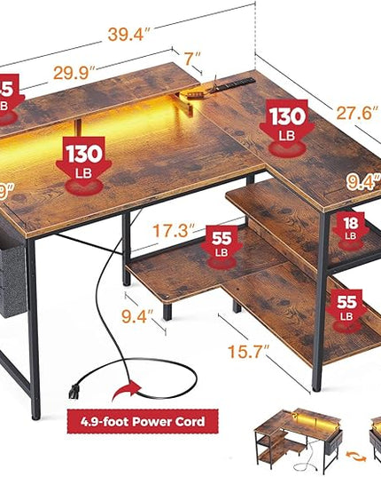ODK 40 Inch Gaming Desk with USB Charging Ports and LED Lights, Reversible L Shaped Computer Desk with Storage Shelves & Monitor Stand, Corner Home Office Desk Table with Power Outlets, Vintage - LeafyLoom