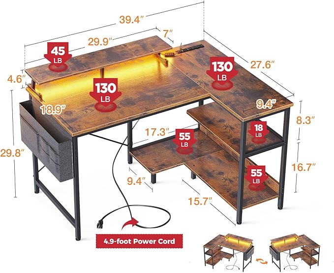 ODK 40 Inch Gaming Desk with USB Charging Ports and LED Lights, Reversible L Shaped Computer Desk with Storage Shelves & Monitor Stand, Corner Home Office Desk Table with Power Outlets, Vintage - LeafyLoom