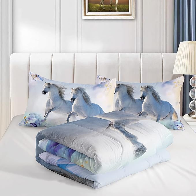 Kid Galloping Horse Comforter Set Floral Butterfly Horse Bedding Set for Boys Girls Adult, 1 Comforter + 2 Pillowcases - LeafyLoom