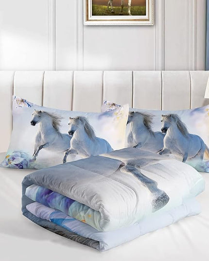 Kid Galloping Horse Comforter Set Floral Butterfly Horse Bedding Set for Boys Girls Adult, 1 Comforter + 2 Pillowcases - LeafyLoom