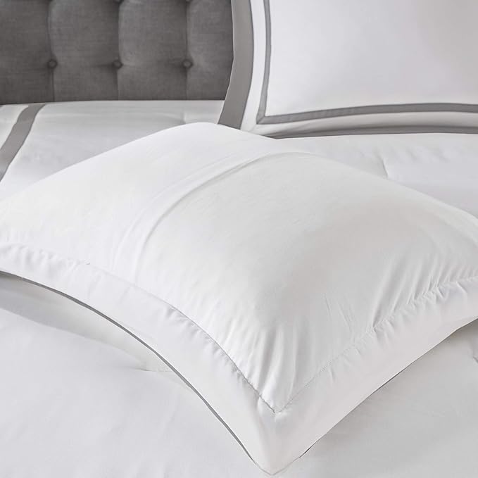 Madison Park Heritage Comforter Quilt Combo Set - Modern Luxury Design, All Season Down Alternative Bedding, Matching Shams, Decorative Pillows, Full/Queen(90"x90"), Color Block Grey 8 Piece - LeafyLoom