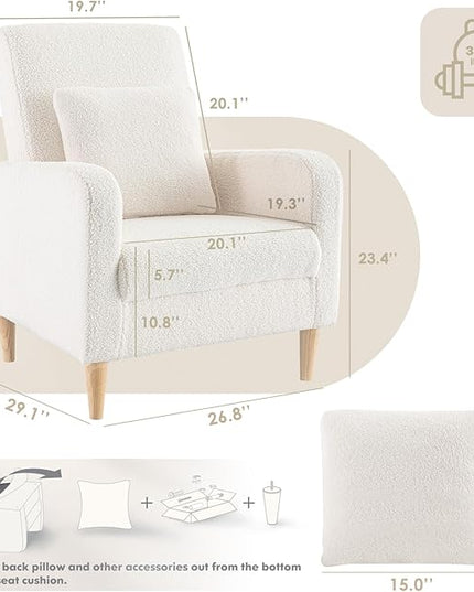 COLAMY Sherpa Upholstered Accent Chair Armchair with Pillow, Fabric Reading Living Room Side Chair,Single Sofa with Lounge Seat and Wood Legs, Cream - LeafyLoom