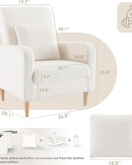 COLAMY Sherpa Accent Living Room Chairs Set of 2, Upholstered Fabric Armchair Reading Side Chair, Single Sofa with Back Pillow and Wood Legs, Cream - LeafyLoom