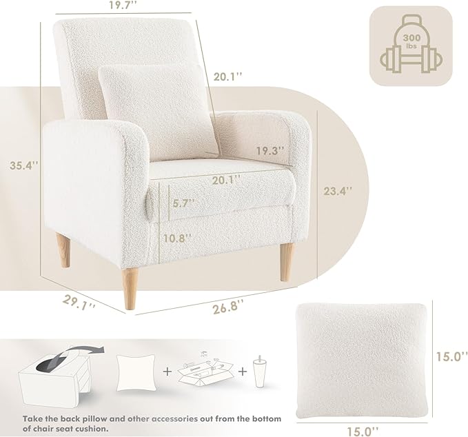 COLAMY Sherpa Accent Living Room Chairs Set of 2, Upholstered Fabric Armchair Reading Side Chair, Single Sofa with Back Pillow and Wood Legs, Cream - LeafyLoom