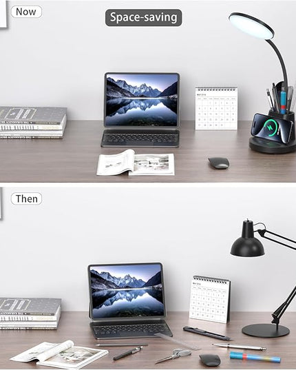 comzler LED Desk Lamp with Wireless Charger Pen Phone Holder, Black Desk Lamp for Home Office, Dimmable Desk Light 3 Color Modes, College Dorm Study Lamp for College Dorm, CRI 90 800 Lumen - LeafyLoom