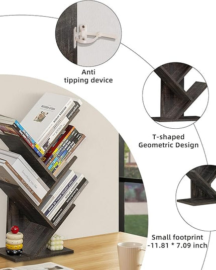 5 Tier Tree Book Shelf, Small Desktop Bookshelf with Storage Organizer, Wood Bookcase, Desk Display Bookshelves, Floor Standing Organizer Bookcases for Living Room,Bedroom,Office-Dark Grey - LeafyLoom