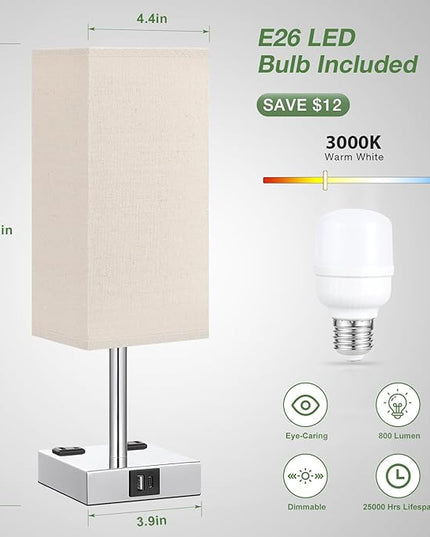 aooshine Beige Set of 2 Touch Lamp with USB Port-Nightstand Lamp with USB-C+A Charge Ports& AC Outlets, 3-Way Dimmable Bedside Lamp with Shade,Small Table Lamp for Bedroom Living Room(Bulb Included) - LeafyLoom