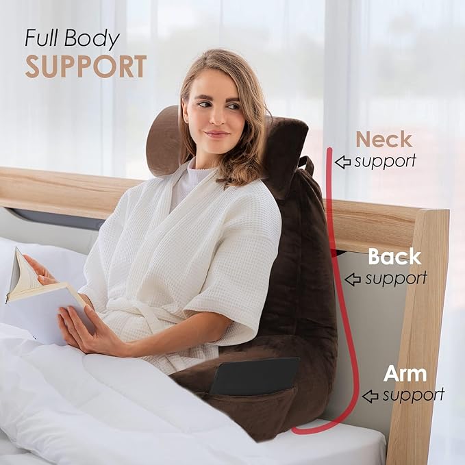 Nestl Reading Pillow with Portable Laptop Lap Desk, Velvet Feel Back Pillow for Sitting in Bed, Shredded Memory Foam Back Support Pillow for Bed, Bed Rest Pillow with Arms, Large - Brown - LeafyLoom
