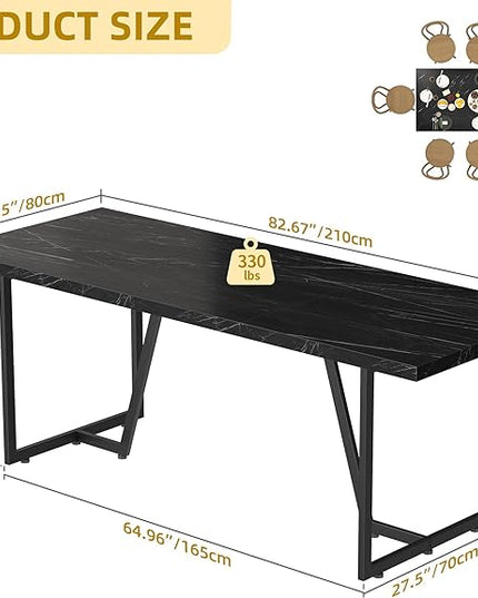 DWVO 82.6'' Large Modern Dining Table for 8-10 People, Rectangular Black Kitchen Dining Room Table with Faux Marble Tabletop and Geometric Metal Legs, Wood Dinner Tables for Family Gathering - LeafyLoom