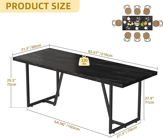 DWVO 82.6'' Large Modern Dining Table for 8-10 People, Rectangular Black Kitchen Dining Room Table with Faux Marble Tabletop and Geometric Metal Legs, Wood Dinner Tables for Family Gathering - LeafyLoom