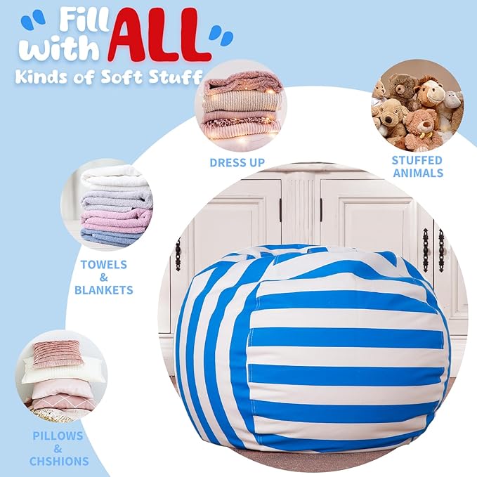 Wekapo Stuffed Animal Storage Bean Bag Chair Cover for Kids | Stuffable Zipper Beanbag for Organizing Children Plush Toys Large Premium Cotton Canvas (Blue, X-Large) - LeafyLoom