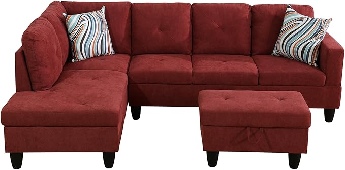 L-Shaped Sectional Couches with 66.5'' Chaise Lounge & Storage Ottoman Modular Room Sofas for Home Office Apartment, Large Living Furniture, 97'' Left Hand Facing, Red Flannelette - LeafyLoom