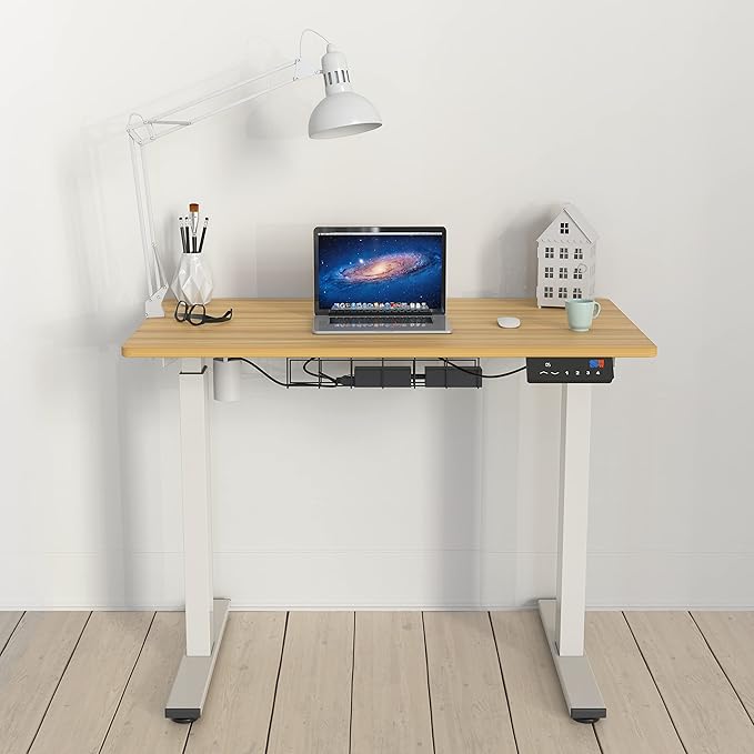 SHW Memory Preset Electric Height Adjustable Standing Desk, 40 x 24 Inches, Oak - LeafyLoom