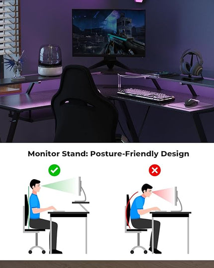 L Shaped Gaming Desk with LED Lights and Power Outlet, Computer Desk with Monitor Stand, Untimate Corner Desk with Hooks and Keyboard Tray, Carbon Fiber, Black - LeafyLoom
