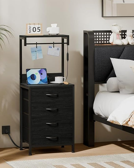 Furnulem Tall Nightstands Set of 2, Night Stand with 4 Drawers and shelves, Tall Bedside Table with USB Port Charging and LED Lights, Side Table for Bedroom, Office, Dorm (Black Oak) - LeafyLoom