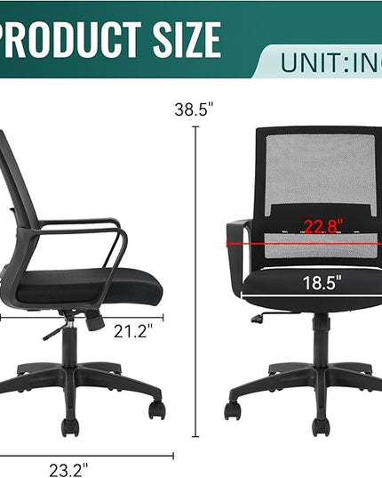 FDW Office Chair Ergonomic Desk Chair Mid-Back Mesh Computer Chair Lumbar Support Comfortable Executive Adjustable Rolling Swivel Task Chair with Armrests,Black - LeafyLoom