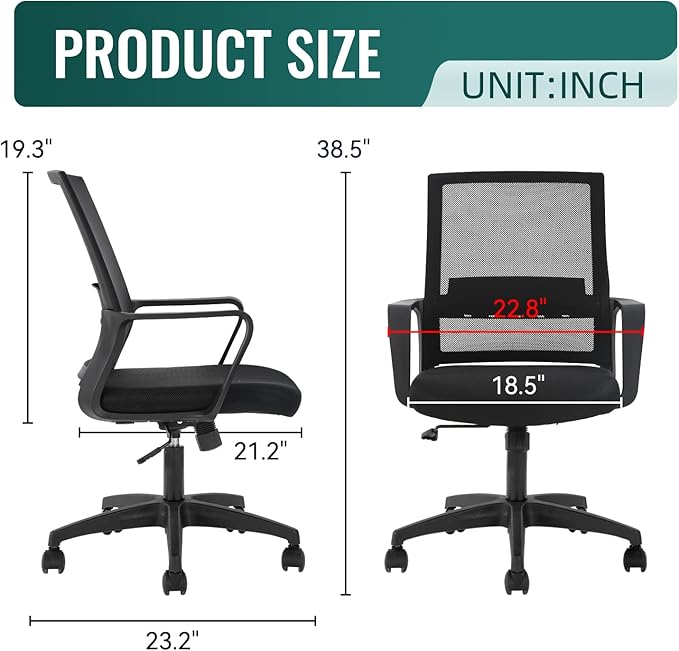 FDW Office Chair Ergonomic Desk Chair Mid-Back Mesh Computer Chair Lumbar Support Comfortable Executive Adjustable Rolling Swivel Task Chair with Armrests,Black - LeafyLoom