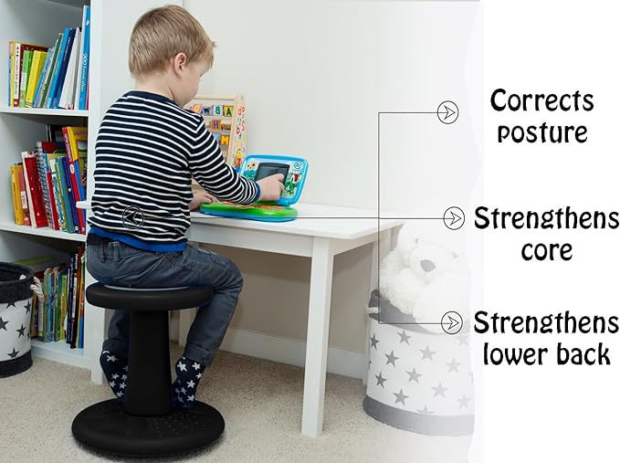 Studico ActiveChairs Kids Wobble Chair, Flexible Preschool & Elementary Classroom Seating, Improves Focus, Posture & Helps ADHD/ADD, Sensory Chair, [Active Fidget Chairs], 14" Stool, Ages 3-7, Black - LeafyLoom