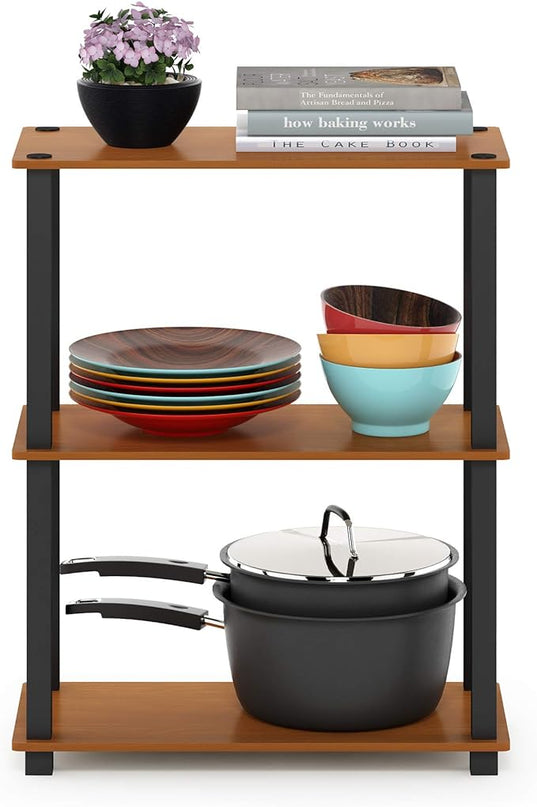 Furinno Turn-S-Tube 3-Tier Compact Multipurpose Shelf Display Rack with Square Tube, Light Cherry/Black - LeafyLoom