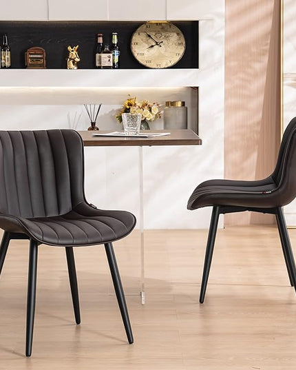 YOUNUOKE Brown Dining Chairs Set of 2 Upholstered Mid Century Modern Kitchen Chairs Armless Faux Leather Accent Guest Side Chair with Back Metal Legs for Living Reception Waiting Room Bedroom - LeafyLoom