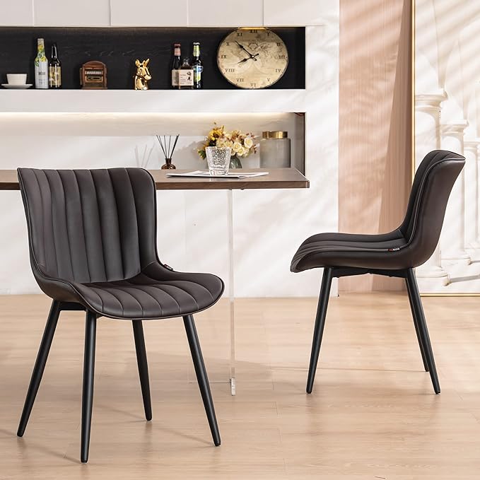 YOUNUOKE Brown Dining Chairs Set of 2 Upholstered Mid Century Modern Kitchen Chairs Armless Faux Leather Accent Guest Side Chair with Back Metal Legs for Living Reception Waiting Room Bedroom - LeafyLoom
