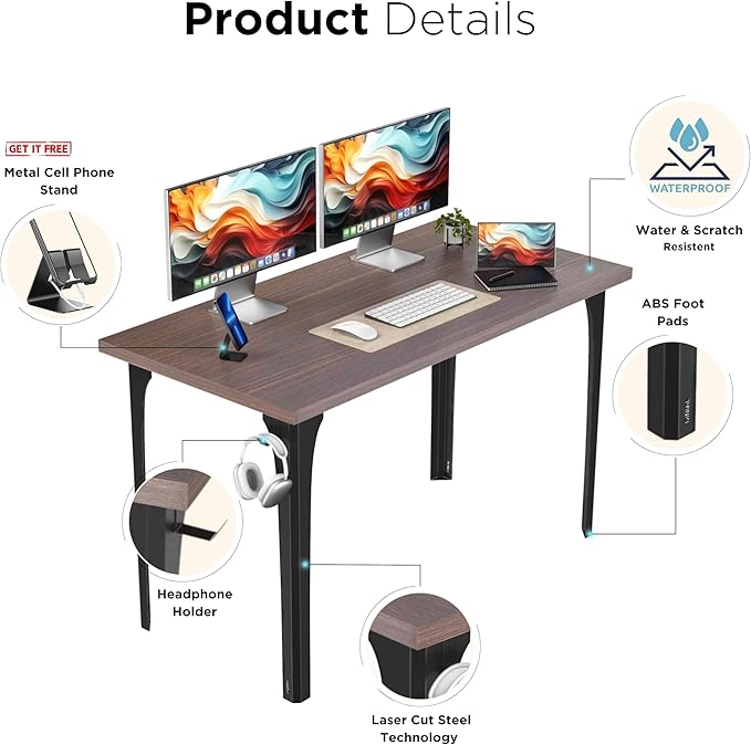 Home Office Computer Desk 47.2x23.6 inch gaming Desk, Modern and Minimalist home office desk, Home Office Desks, Study Desk, Craft table Black Metal Designed Frame, Dark Brown Board color. - LeafyLoom
