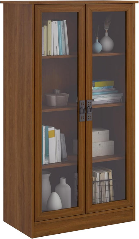 Ameriwood Home Quinton Point 4 shelves Bookcase with Glass Doors, Inspire Cherry - LeafyLoom