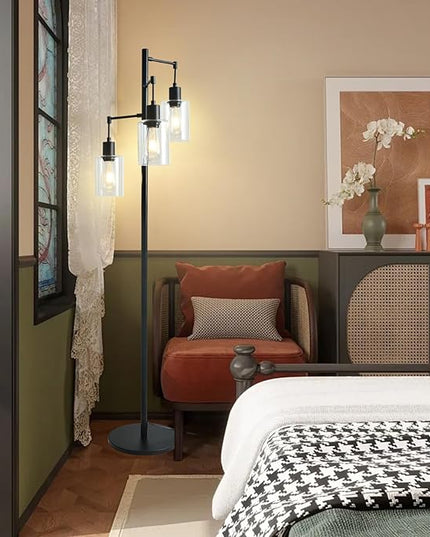 3-Lights Floor Lamp with On/Off Foot Switch, Farmhouse Glass Floor Lamp Tall Pole Lamp for Living Room Bedroom Office，Industrial Black Tree Standing Lamp, LED 3 Bulbs Included - LeafyLoom