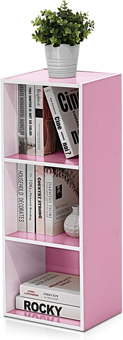 Furinno 3-Tier Open Shelf Bookcase, White/Pink 11003WH/PI - LeafyLoom