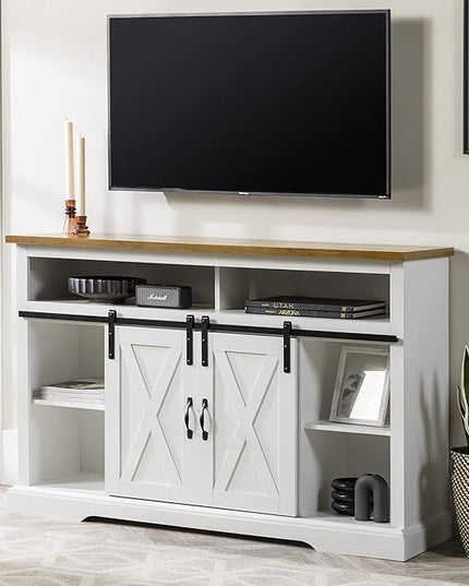 Walker Edison Clayton Farmhouse Sliding Double Barn Door TV Stand for TVs up to 58 Inches, 52 Inch, Solid White - LeafyLoom
