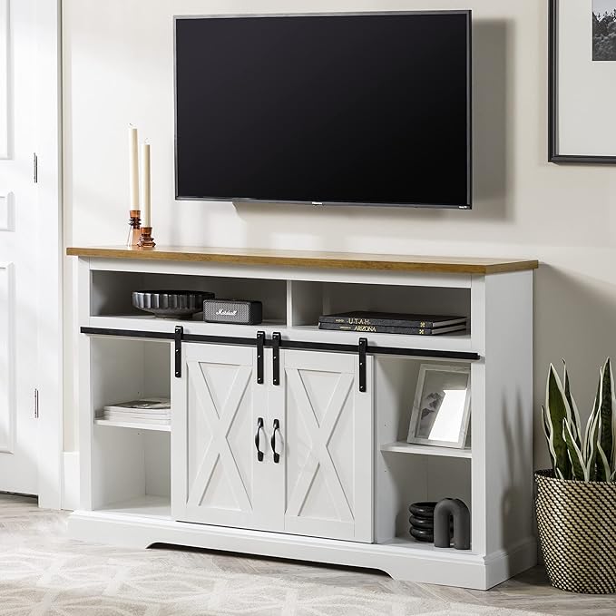 Walker Edison Clayton Farmhouse Sliding Double Barn Door TV Stand for TVs up to 58 Inches, 52 Inch, Solid White - LeafyLoom