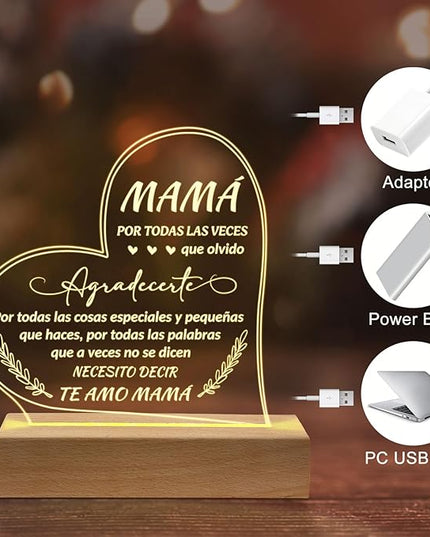 Regalos para Mamá, Gifts for Mom in Spanish, Regalo De Cumpleaños Para Madre- Engraved Wooden Base Lamp Presents- Regalos Para Mujer, Mama Gifts - LeafyLoom