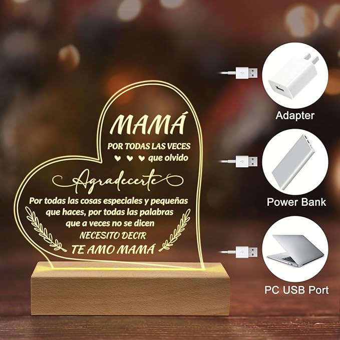 Regalos para Mamá, Gifts for Mom in Spanish, Regalo De Cumpleaños Para Madre- Engraved Wooden Base Lamp Presents- Regalos Para Mujer, Mama Gifts - LeafyLoom