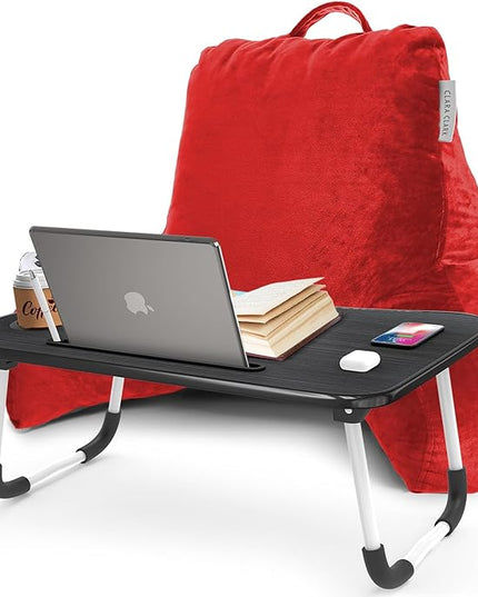 Clara Clark Reading Pillow with Portable Lap Desk for laptop Set, Back Pillow for Sitting Up in Bed, Memory Foam Back Support Pillow, Bed Rest Pillow with Foldable Laptop Desk, Standard - Red - LeafyLoom