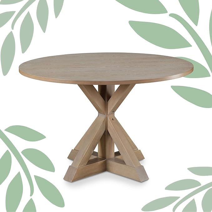 Finch Alfred Round Solid Wood Rustic Dining Table for Farmhouse Kitchen Room Decor, Wooden Trestle Pedestal Base, 46.5" Wide Circular Tabletop, Distressed Beige, 47 in x 47 in x 29.2 in - LeafyLoom