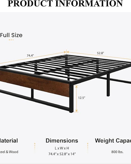SHA CERLIN 14'' Full Size Metal Platform Bed Frame with Rustic Wood & Reverse Holes/Ample Under-Bed Storage Space/Mattress Foundation/No Box Spring Needed/Easy Assembly - LeafyLoom