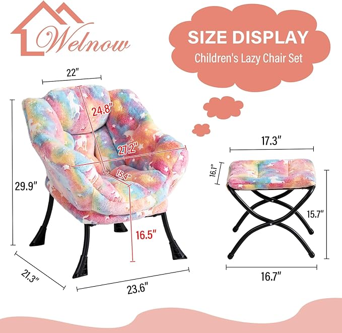 Welnow Toddler Kids Lazy Chair with Ottoman, Glow in The Dark Accent Comfy Lounge Children Armchair Couch with Removable Cover, Detachable Reading Chair with Footrest for Boy or Girl - LeafyLoom