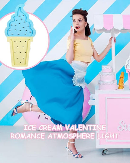 2 Pcs Ice Cream Valentine Romance Atmosphere Light Wooden Ice Cream LED Night Light Ice Cream Theme Valentine Romance Lamps Battery Operated LED Night Lights for Birthday Party Decor (Blue-Yellow) - LeafyLoom